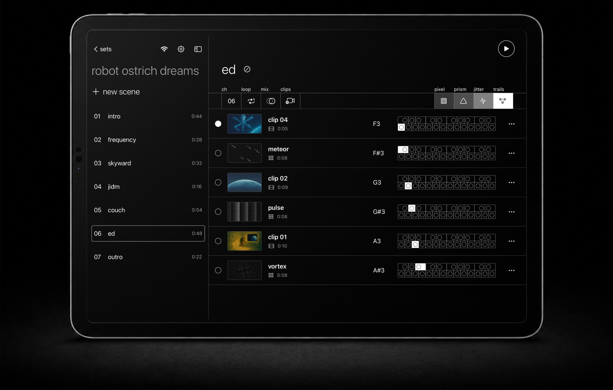 VJ‑XY clip launcher running on iPad